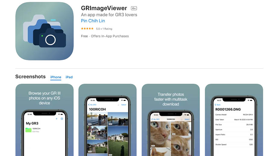Приложение GRImageViewer для переноса фотографий с Ricoh GR III на iPhone/iPad