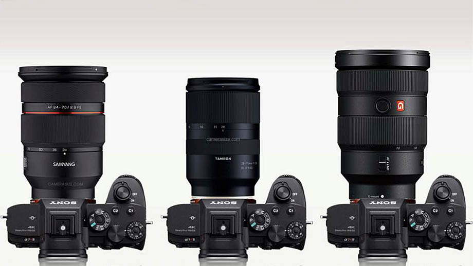 Сравнение размеров: Samyang 24-70mmF2.8, Tamron 28-75 F2.8, Sigma 24-70mm F2.8, Sony FE 28-70 F3.5-5.6 и Sony FE 24-70mm F2.8 GM